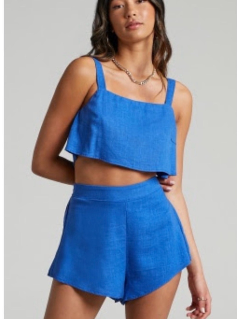 Showpo. Blue SET Cropped Tank Top and Shorts. WORN ONCE. Size 4 top/bottom